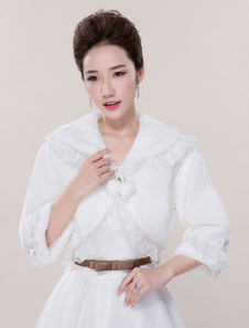 Boléro fête de mariage en fausse fourrure ivoire à lacets avec dentelle