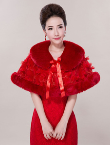Boléro fête de mariage en fausse fourrure rouge à lacets avec fleur