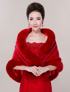 Boléro fête de mariage en fausse fourrure rouge ouvert devant en fausse fourrure