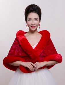 Boléro fête de mariage en fausse fourrure rouge ouvert devant en fausse fourrure