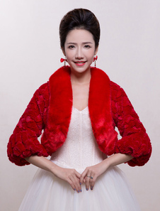 Boléro fête de mariage en fausse fourrure rouge ouvert devant en fausse fourrure