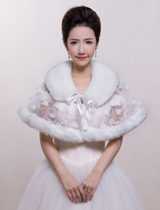 Boléro de mariage en fausse fourrure ivoire à lacets en fausse fourrure