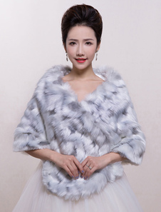 Boléro de mariage en fausse fourrure gris ouvert devant en fausse fourrure