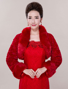 Boléro de mariage en fausse fourrure rouge ouvert devant en fausse fourrure