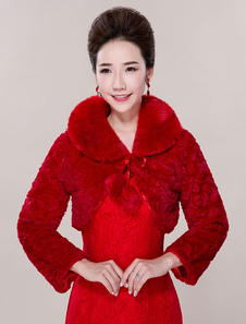 Boléro de mariage en fausse fourrure rouge à lacets en fausse fourrure