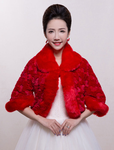 Boléro de mariage en fausse fourrure rouge ouvert devant en fausse fourrure