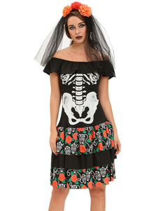 Squelette de mariée Costume Halloween Floral imprimé Sexy Déguisements