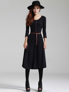 Fascinante robe skater casual en coton mélangé unicolore convenable avec bouton col rond