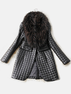 Adorable manteau femme en PU noir unicolore en fausse fourrure convenable col à revers