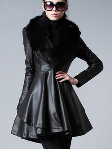 Chic manteau femme en PU noir unicolore en fausse fourrure irrégulier col à revers