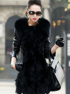 Chic manteau femme en PU noir unicolore en fausse fourrure convenable col à revers