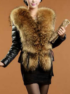 Manteau de cuir noir avec manches longues agrafe court manteau de la femme col fausse fourrure d’hiv