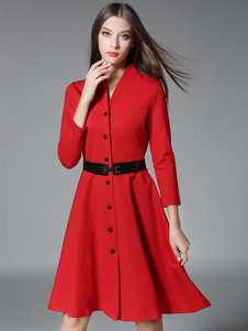 Magnifique robe skater casual en polyester unicolore convenable avec bouton col V