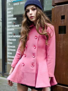 Magnétique manteau femme laine de plaine Pêche unicolore avec bouton croisé col à revers