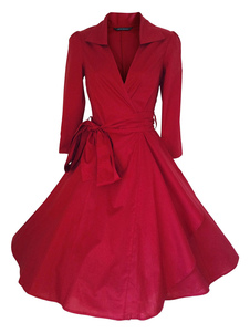 Chic robe skater rétro en coton mélangé unicolore convenable avec lacets col à revers