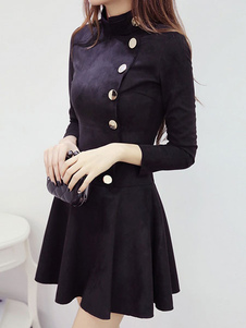 Fascinante robe skater casual en suédé unicolore croisé plissé col montant