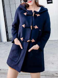 Beau manteau femme Laine de plaine bleu marine foncé unicolore avec cabillot croisé à capuche