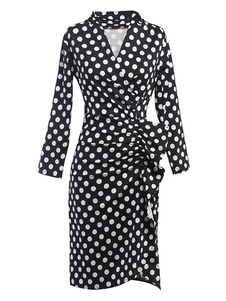 Magnétique robe vintage rétro noire à pois et volants convenable col V