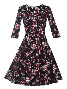 Magnétique robe vintage noire rétro moyenne impression plissée col carré convenable quotidienne