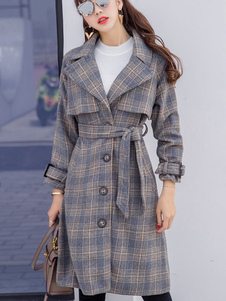 Populaire manteau Laine de plaine gris jacquard avec ceinture convenable col à revers