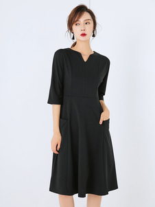 Magnétique robe skater rétro en lycra spandex noir unicolore convenable décolleté cranté