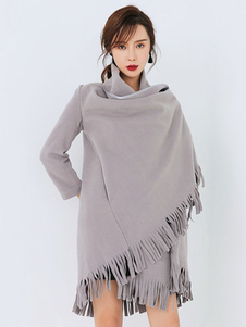 Éblouissant manteau en cachemire unicolore avec frange ouverture avant