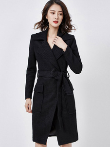 Beau manteau femme en polyester unicolore avec ceinture convenable col à revers