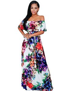 Robe longue blanche en polyester impression hors de l'épaule