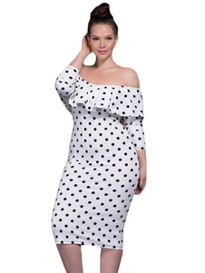 Éblouissante robe bodycon en polyester hors de l'épaule à pois et volants