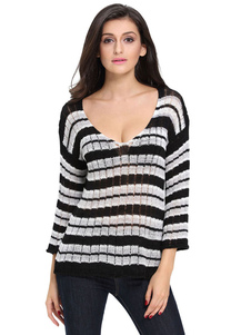 Adorable pull féminin mode noir avec rayure manches 3/4