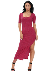 Populaire robe pull longueur cheville mode unicolore fendue avec col U à mancherons travail