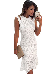Dentelle blanche robe sans manches Crewneck découpe élégante robe de la femme Bodycon