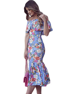 Belle robe bodycon en polyester bleu clair hors de l'épaule impression