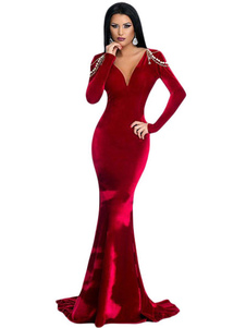 Bourgogne robe Maxi Sexy V cou manches longues robe de soirée Backless Bodycon avec perle