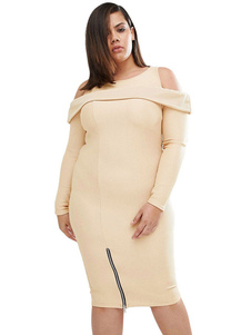 Fabuleuse robe bodycon en polyester col rond unicolore fendu
