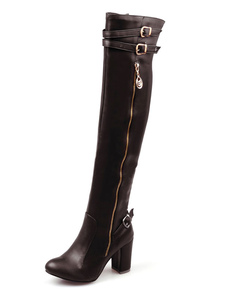 Bottes à talons épais en PU unicolore avec boucle