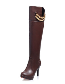 Bottes à talons aigus en PU unicolore avec chaîne