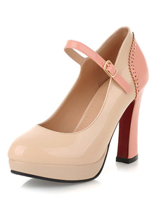 Escarpins à plateforme à talons épais en cuir verni bicolore Mary Janes de polyuréthane / PU