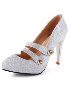 Exquises chaussures à talons à talons aigus Paillette unicolore Mary Janes avec bouton de polyurétha