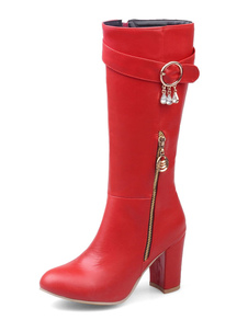 Bottes mi-mollet Zip à bout rond en PU unicolore