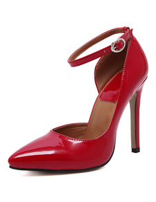 Chaussures à talons à talons aigus en PU verni unicolore ruban aux chevilles de polyuréthane / PU