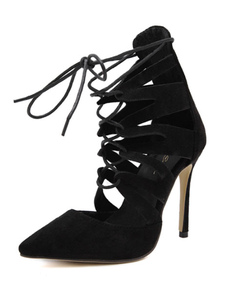Fabuleuses chaussures à talons à talons aigus en micro daim unicolore et lacets avec lacets de PU cu