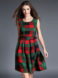 Chic robe skater mode Coton polyester vert écossais convenable avec ceinture col rond