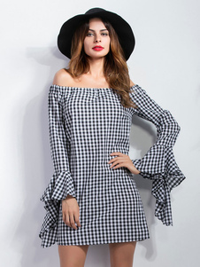 Attrayante robe droite mode en lin de coton noir écossais à volants hors de l'épaule