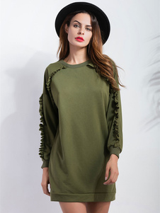 Fantastique robe droite mode en fibres de coton vert forêt unicolore vêtements journaliers plissé co