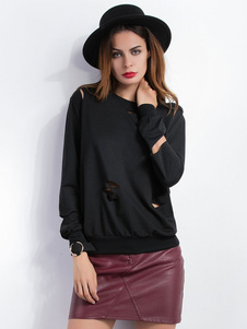 Sweater activewear en fibres de coton noir unicolore creusé col rond