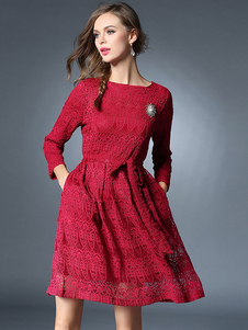 Dentelle robe manches longues des femmes col rond plissé Flare Skater robe avec ceinture
