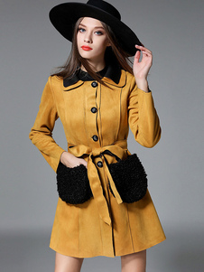 Adorable manteau de femme en suédé jaune unicolore avec lacets et ceinture col à revers