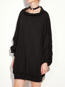 Élégente robe droite mode en fibres de coton noir unicolore surdimensionné plissé col rond