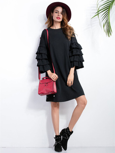 Attrayante robe droite mode en brocart noir unicolore surdimensionné à volants col rond